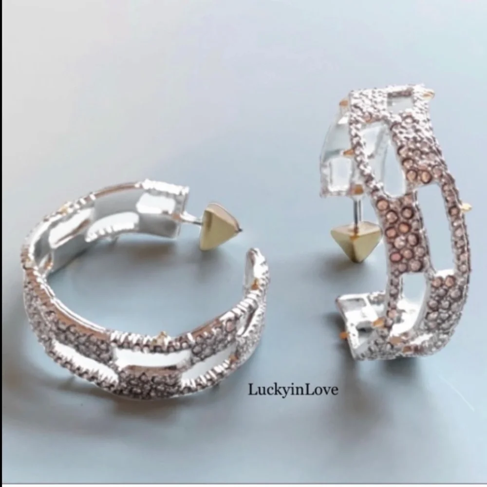 ALEXIS BITTAR • Silver Crystal Georgian Checkerboard Wavy Hoop Earrings
